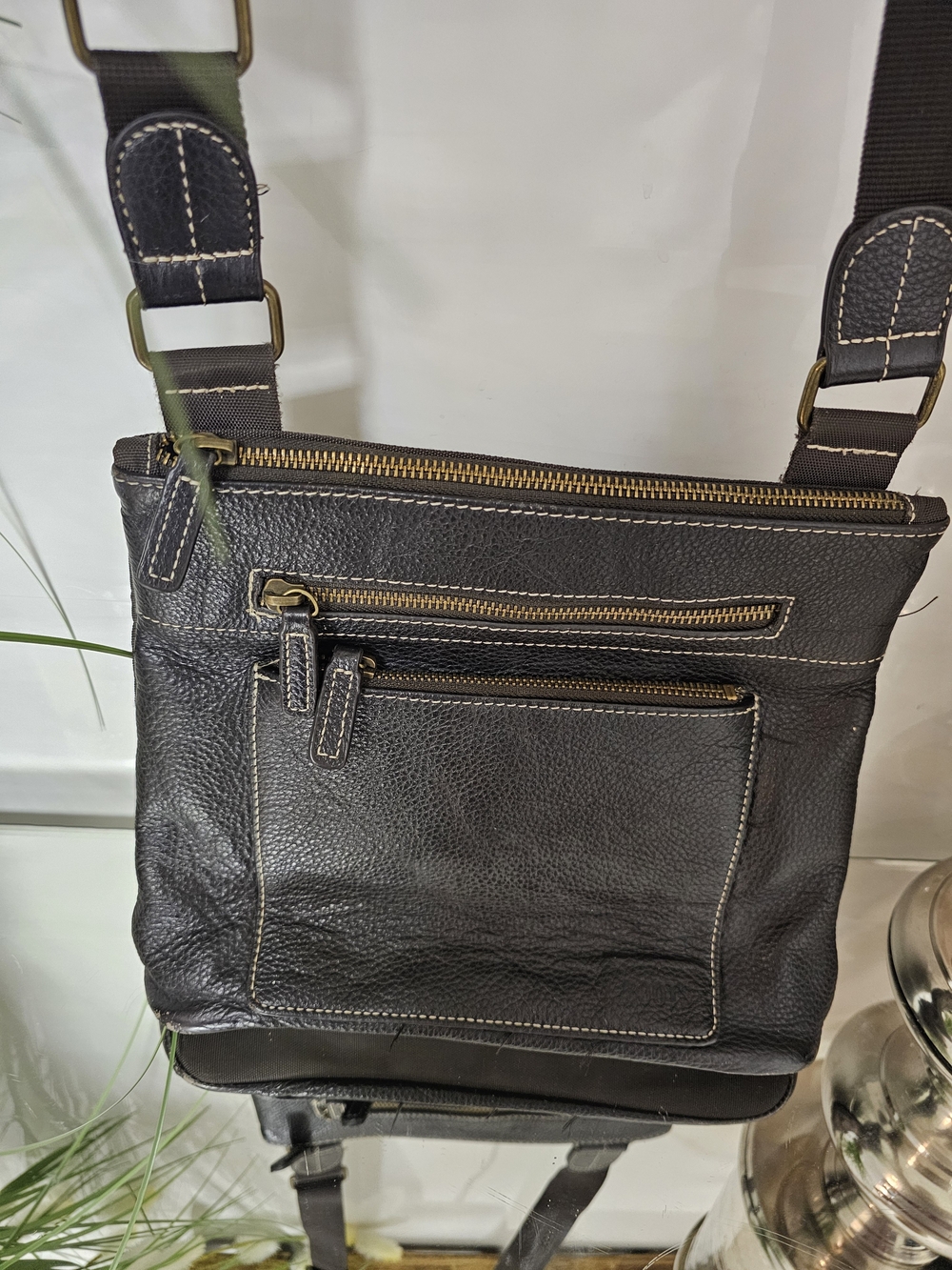 Vintage Y2k Roots Black Leather FrontAnd Canvas Back Messenger Crossbody Bag
